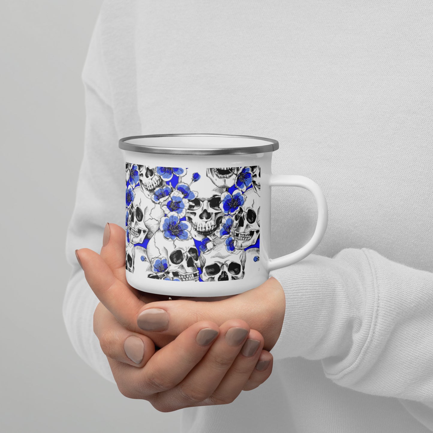 Skulls and Blue Blossoms Enamel Mug