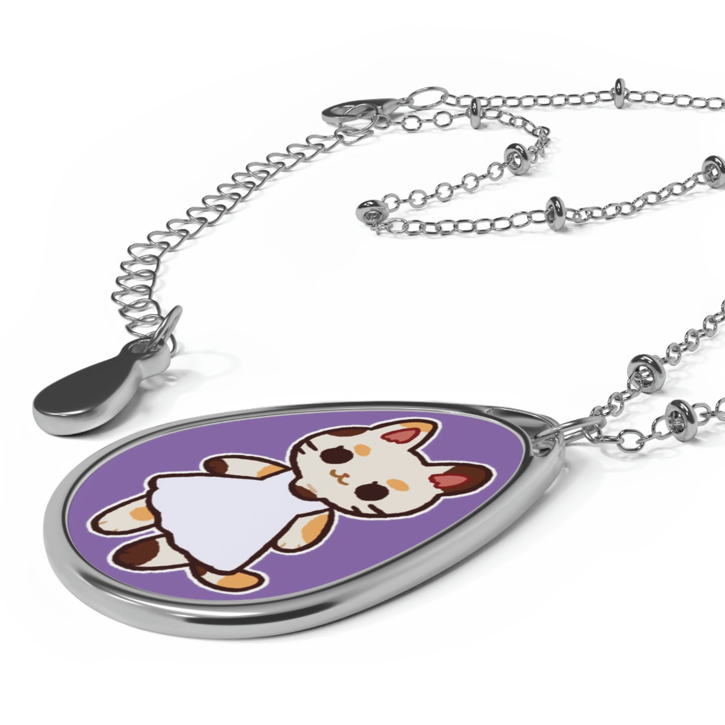 Cute Calico Cat in a Sun Dress Oval Necklace