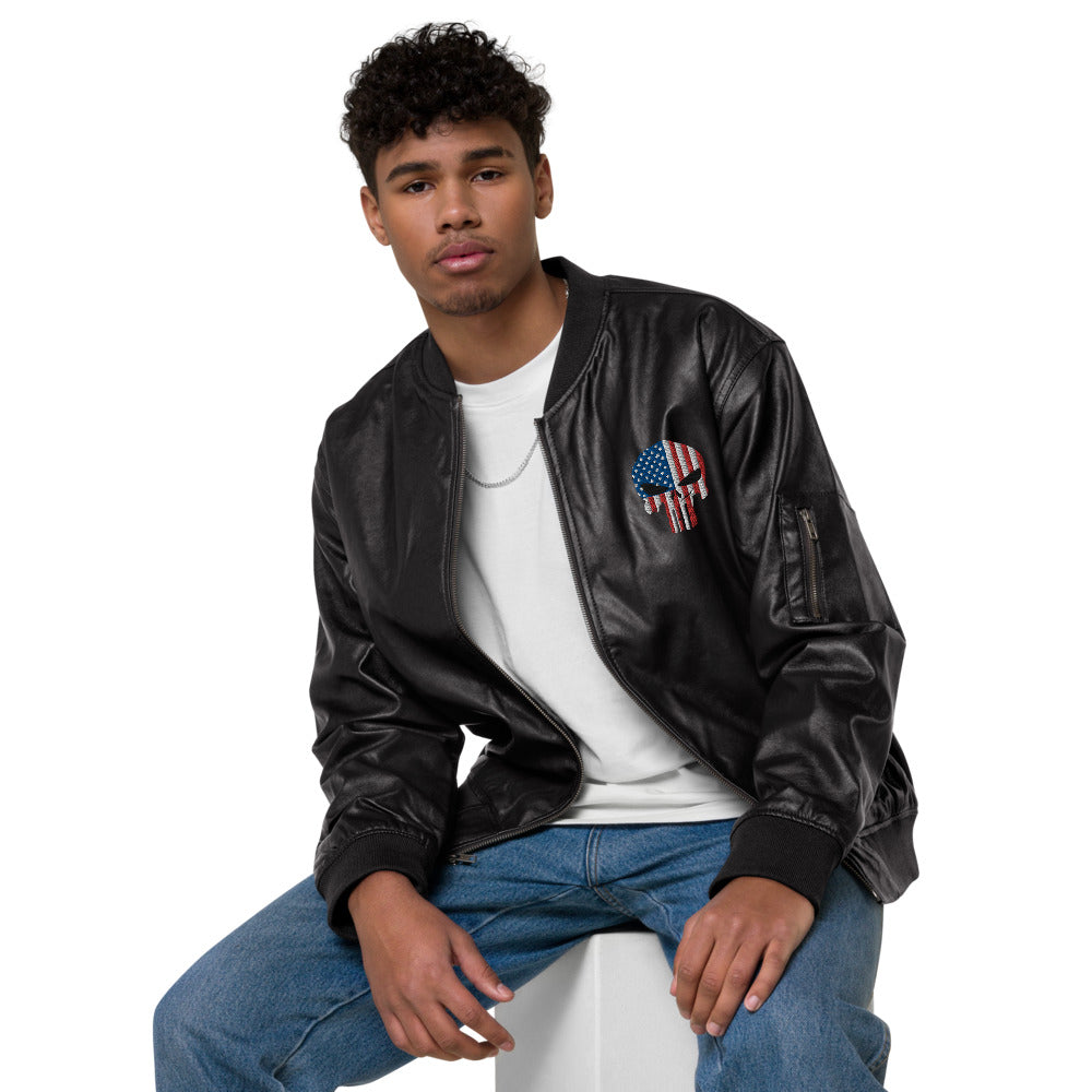 Patriot Skull Embroidered Leather Bomber Jacket