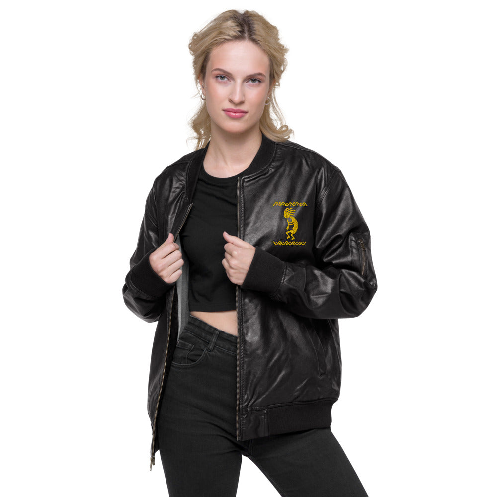 Kokopelli Embroidered Vegan Leather Bomber Jacket