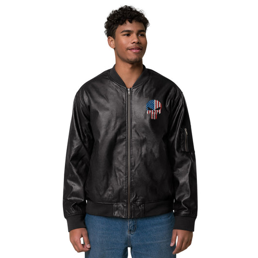 Patriot Skull Embroidered Leather Bomber Jacket