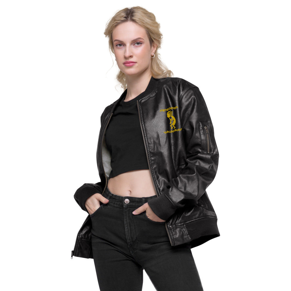 Kokopelli Embroidered Vegan Leather Bomber Jacket