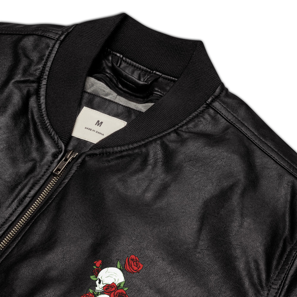 Skulls and Roses Embroidered Vegan Leather Bomber Jacket