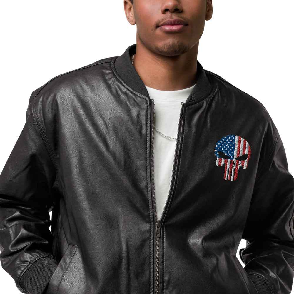 Patriot Skull Embroidered Leather Bomber Jacket