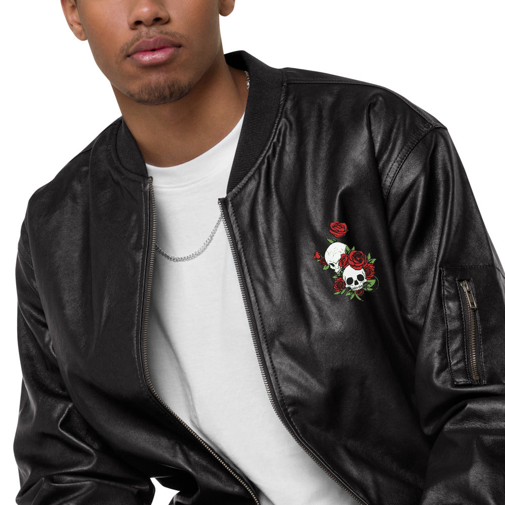 Skulls and Roses Embroidered Vegan Leather Bomber Jacket