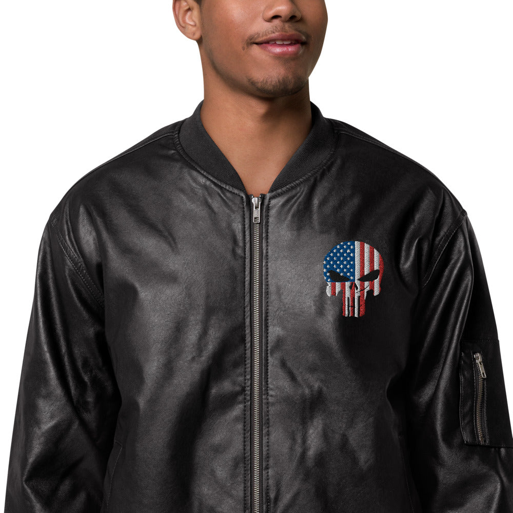 Patriot Skull Embroidered Leather Bomber Jacket