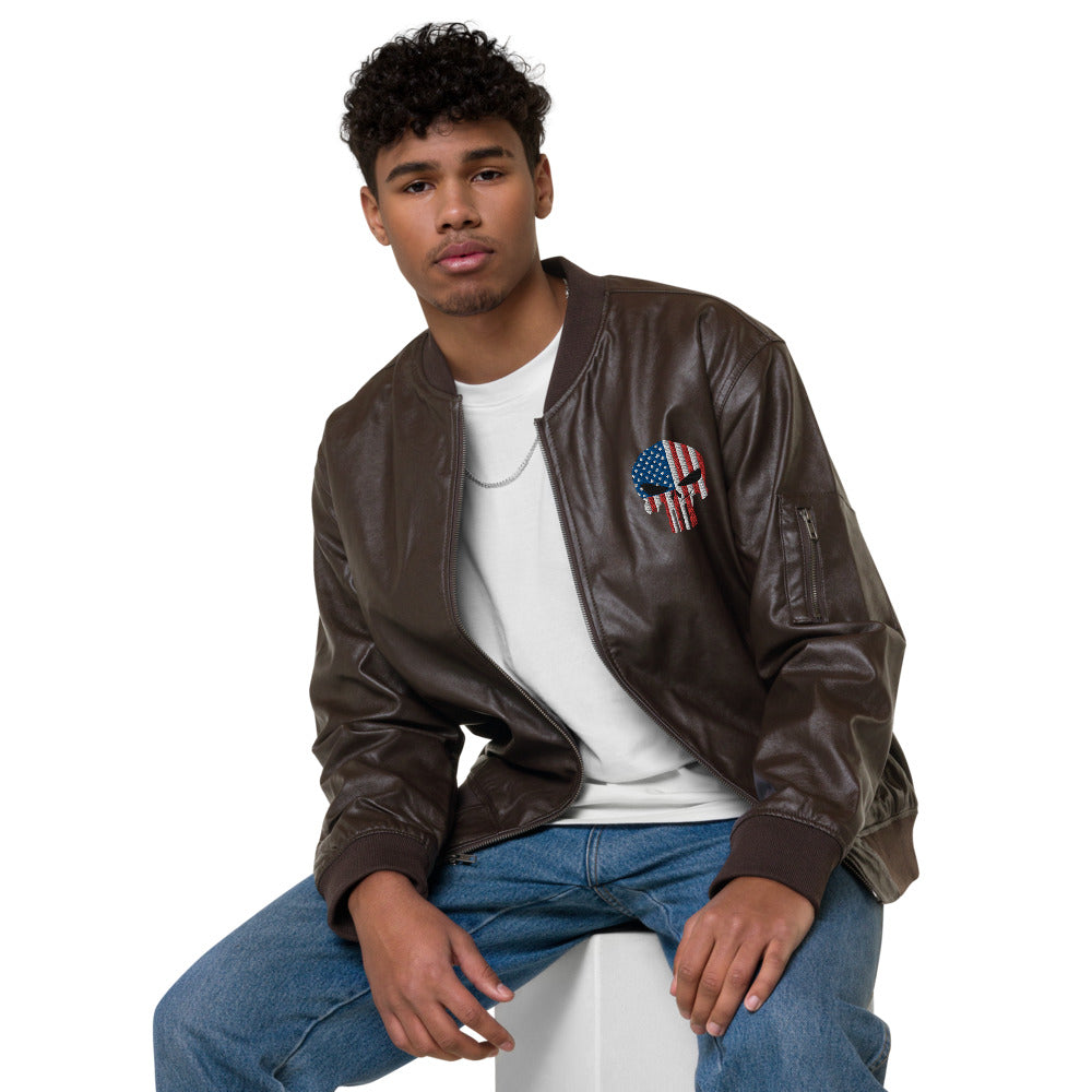 Patriot Skull Embroidered Leather Bomber Jacket