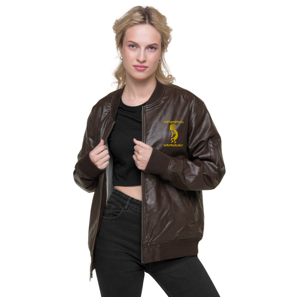 Kokopelli Embroidered Vegan Leather Bomber Jacket