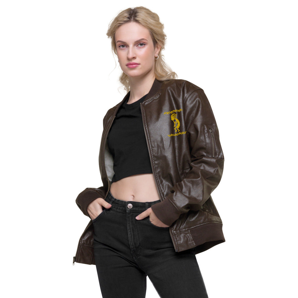 Kokopelli Embroidered Vegan Leather Bomber Jacket