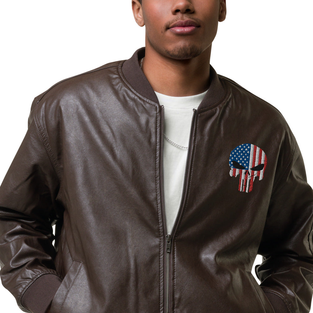 Patriot Skull Embroidered Leather Bomber Jacket