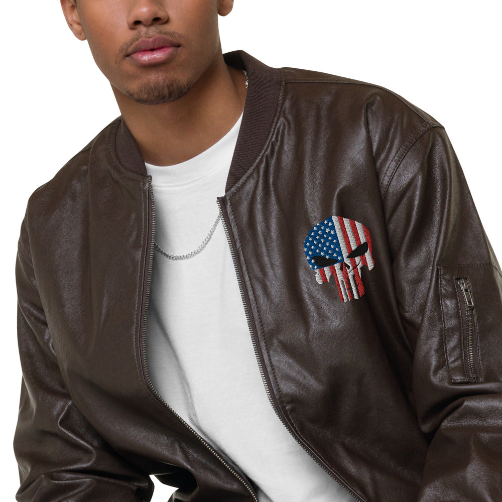 Patriot Skull Embroidered Leather Bomber Jacket