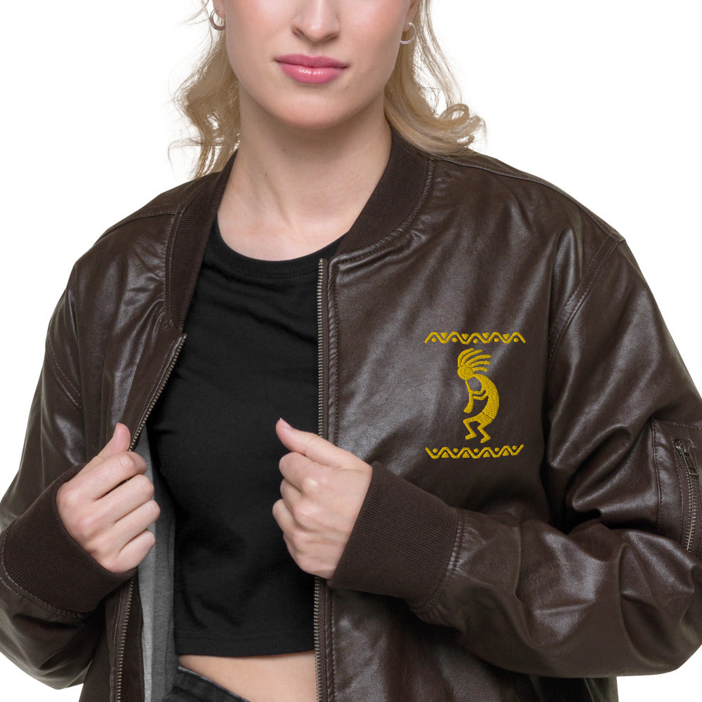 Kokopelli Embroidered Vegan Leather Bomber Jacket