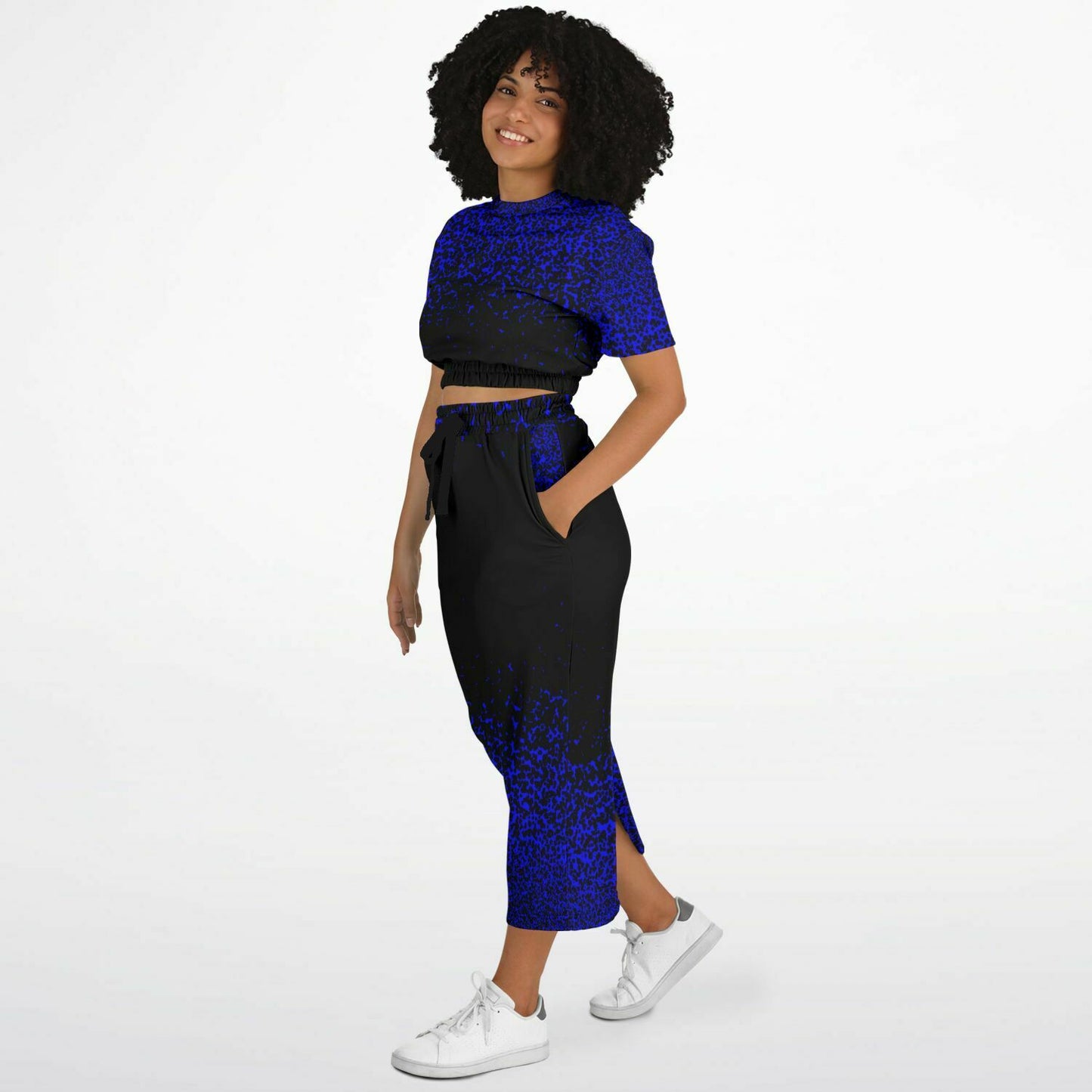 Blue Speckles Short Sleeve Crop Top and Skirt Outfit