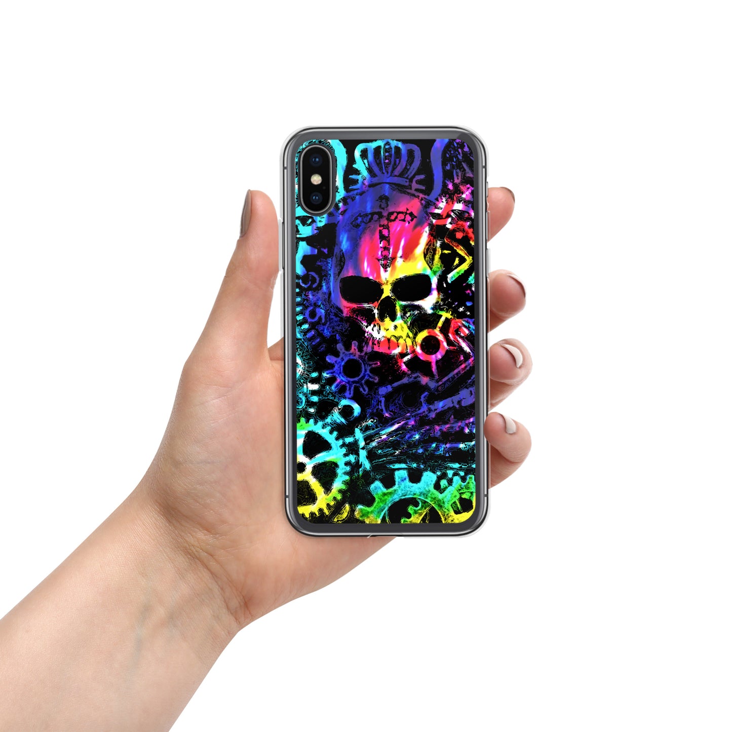 Rainbow Tie Dye Steampunk Skull iPhone Case