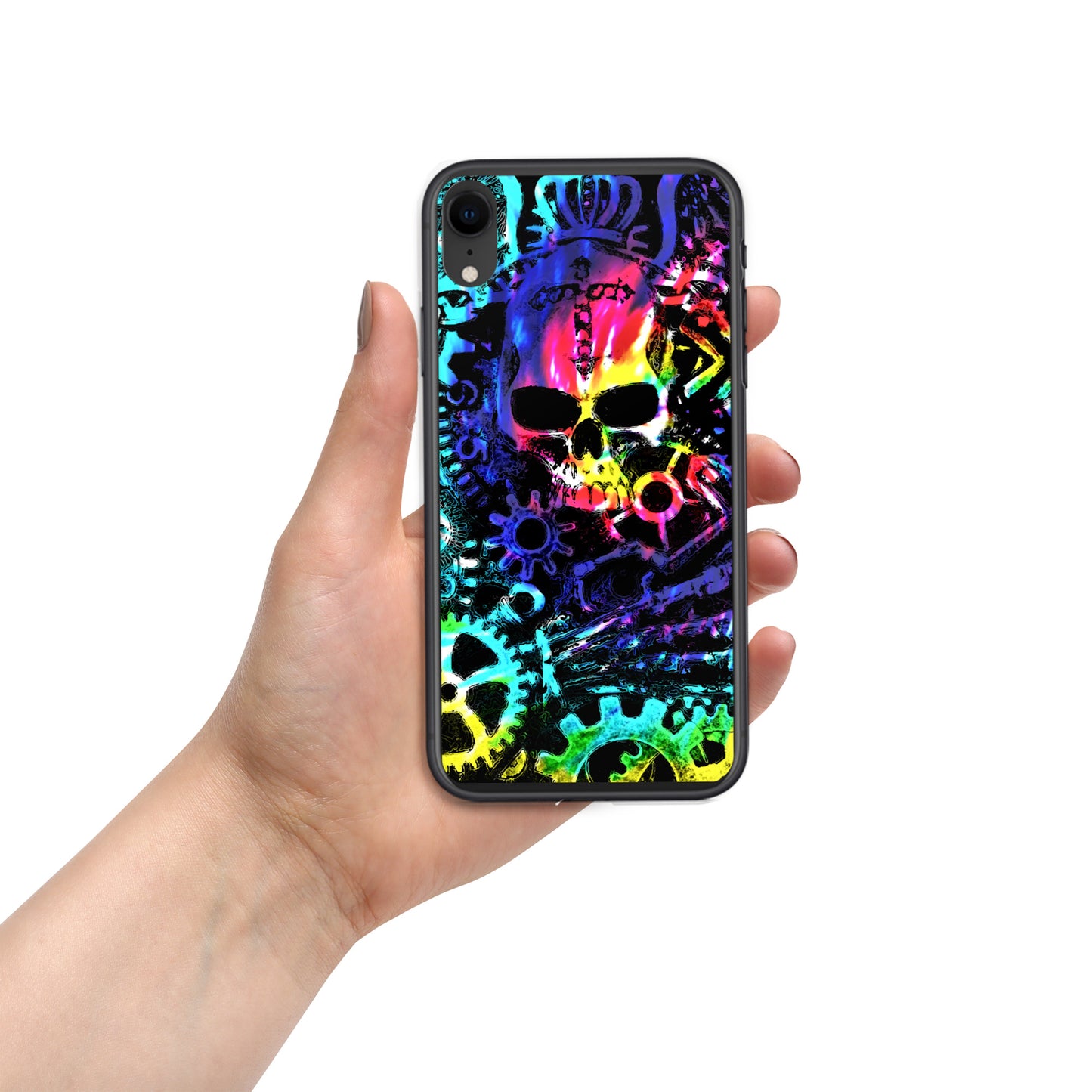 Rainbow Tie Dye Steampunk Skull iPhone Case