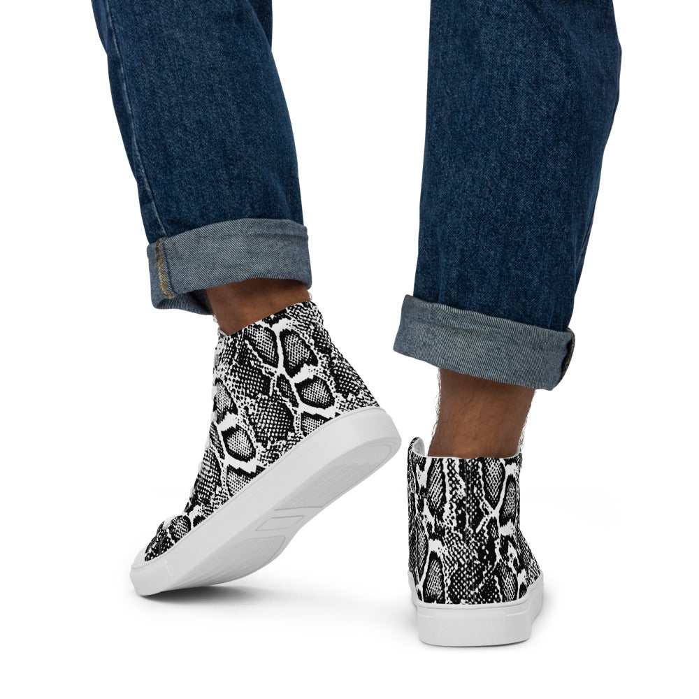 Black and White Python Men’s High Top Canvas Shoes