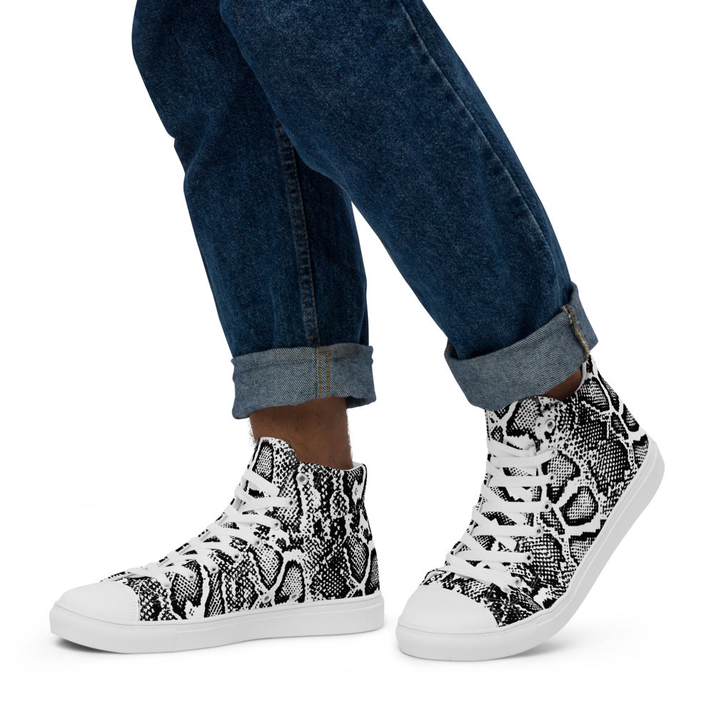 Black and White Python Men’s High Top Canvas Shoes