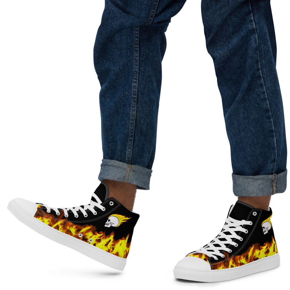 Black Fire Skull Men’s High Top Canvas Shoes