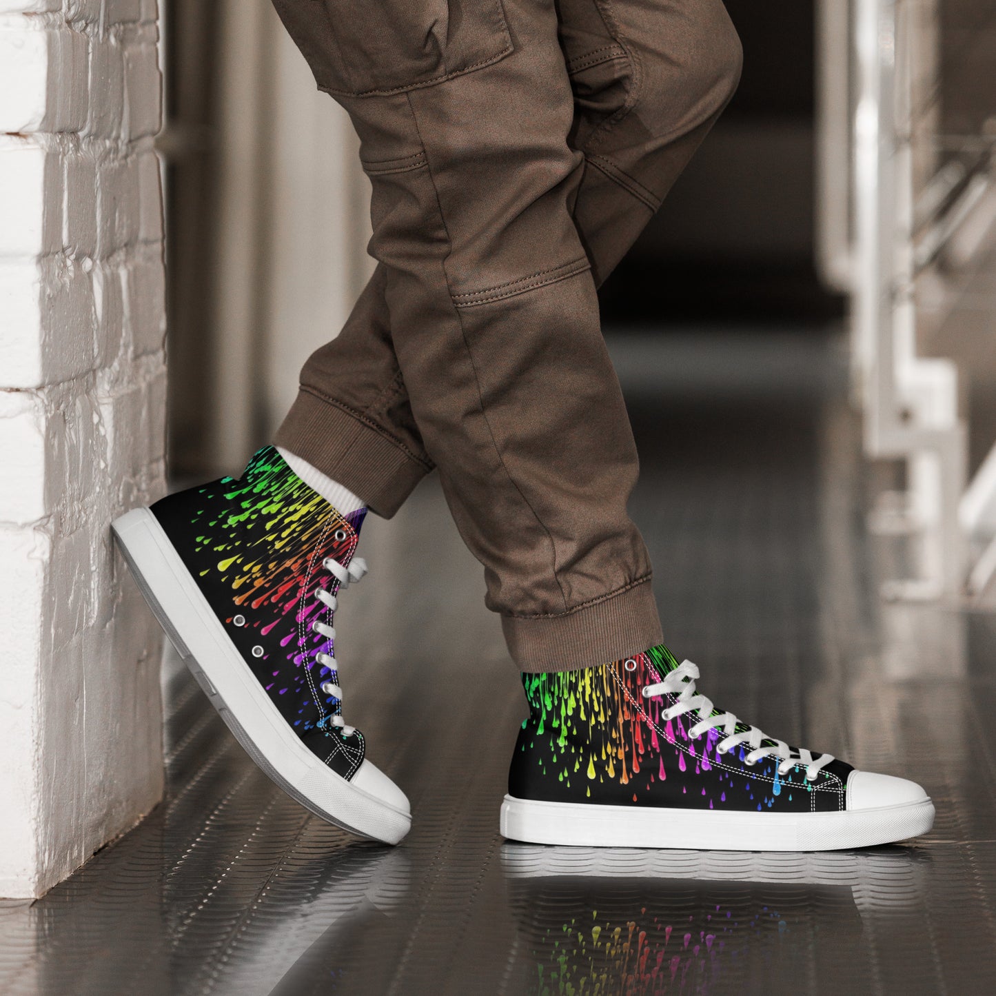 Rainbow Drip Men’s High Top Canvas Shoes