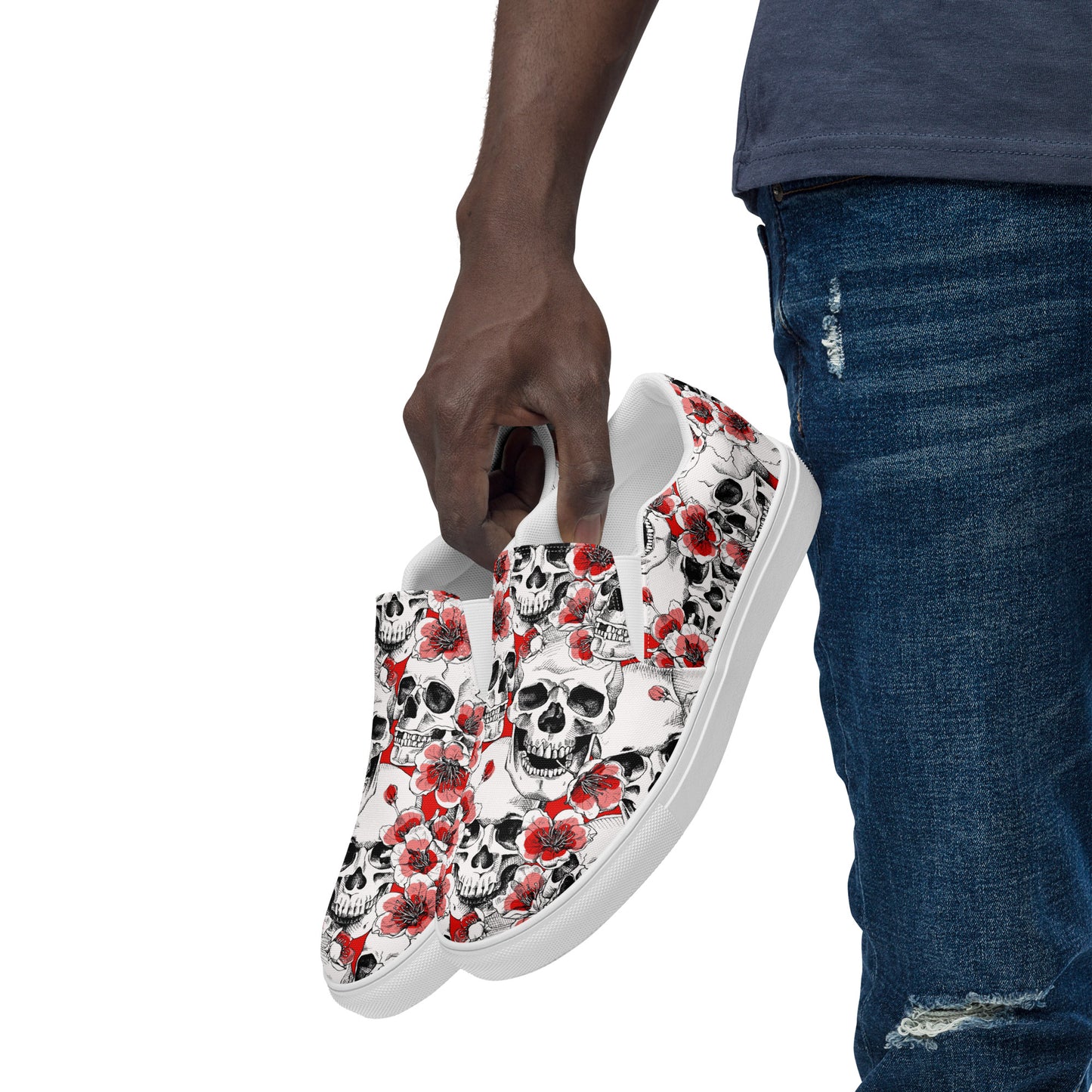 Skulls and Red Blossoms Men’s Slip-on Canvas Shoes