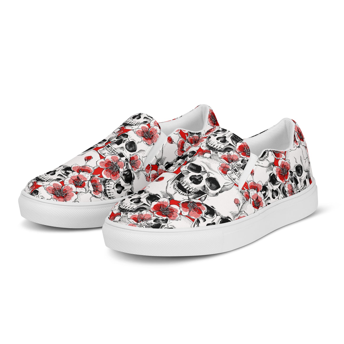 Skulls and Red Blossoms Men’s Slip-on Canvas Shoes