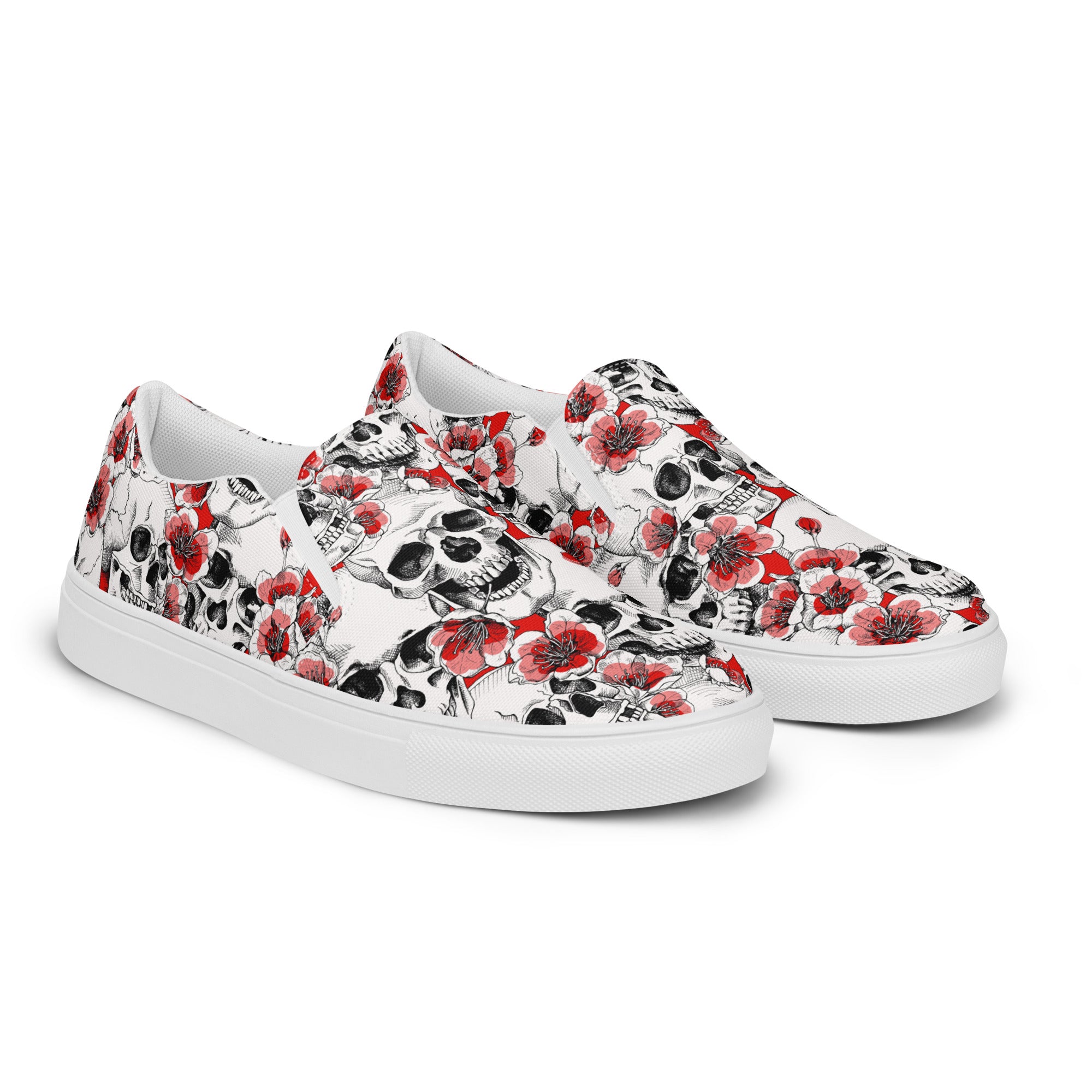 Skulls and Red Blossoms Men’s Slip-on Canvas Shoes