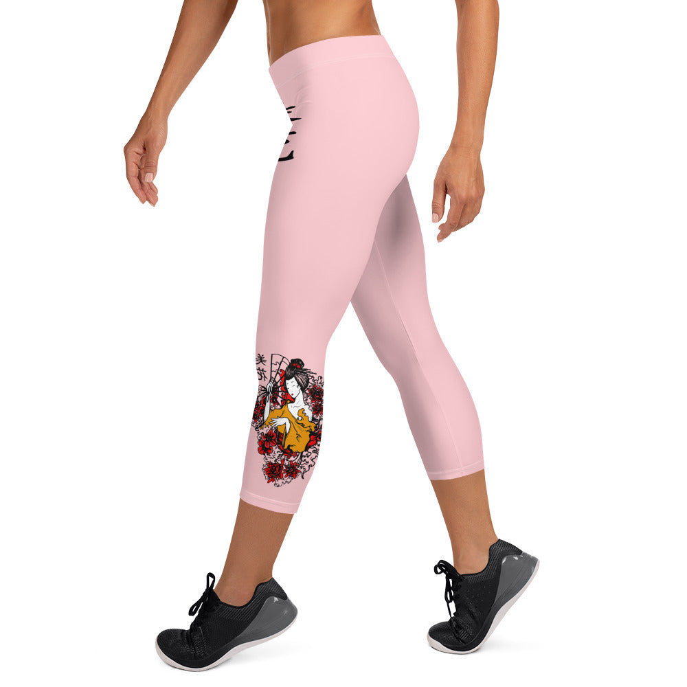 Beautiful Flower Geisha Print Capri Leggings