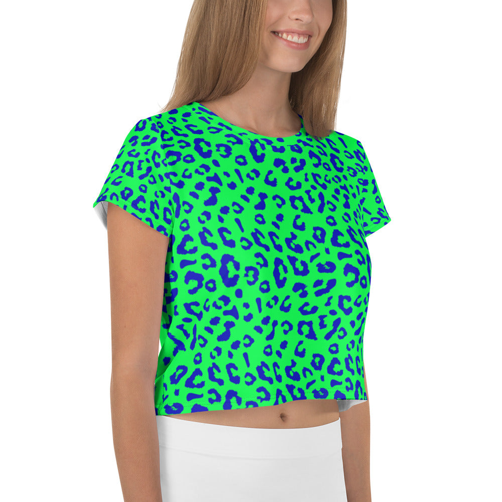 Neon Green and Blue Leopard Print Crop Tee