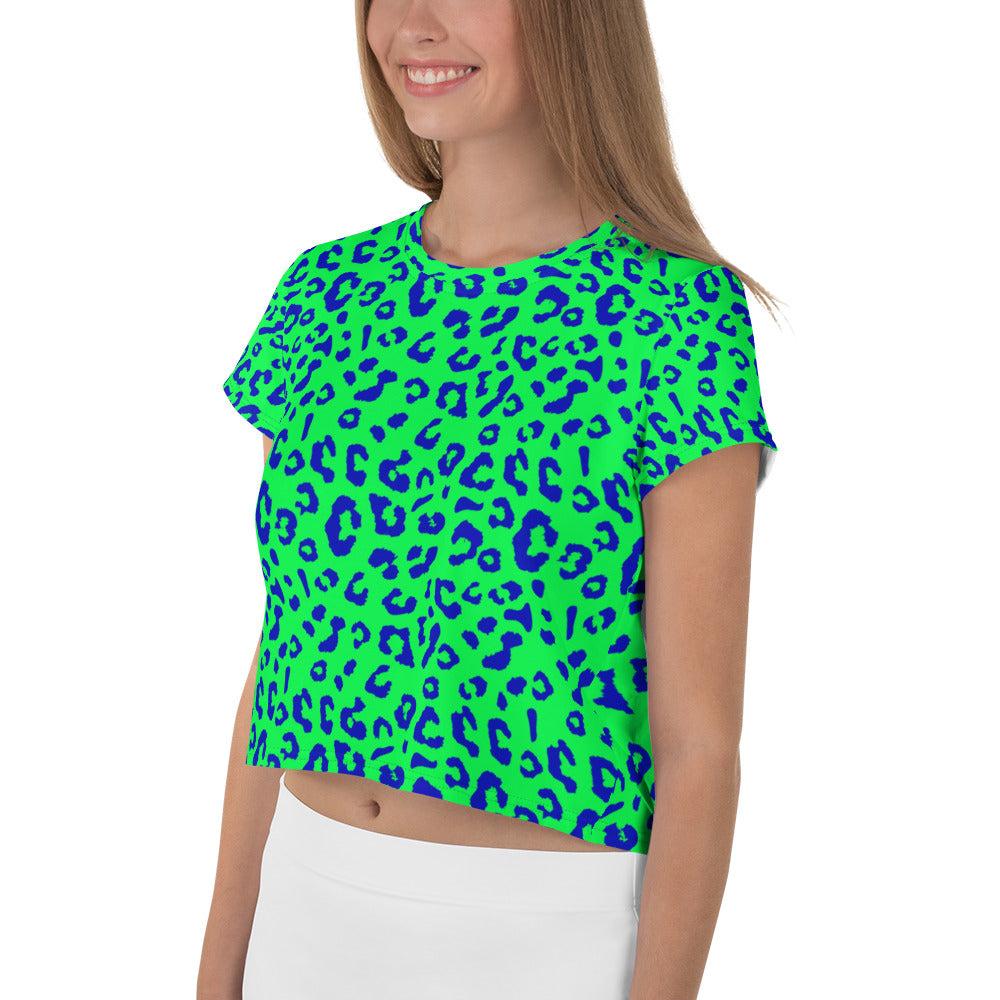 Neon Green and Blue Leopard Print Crop Tee