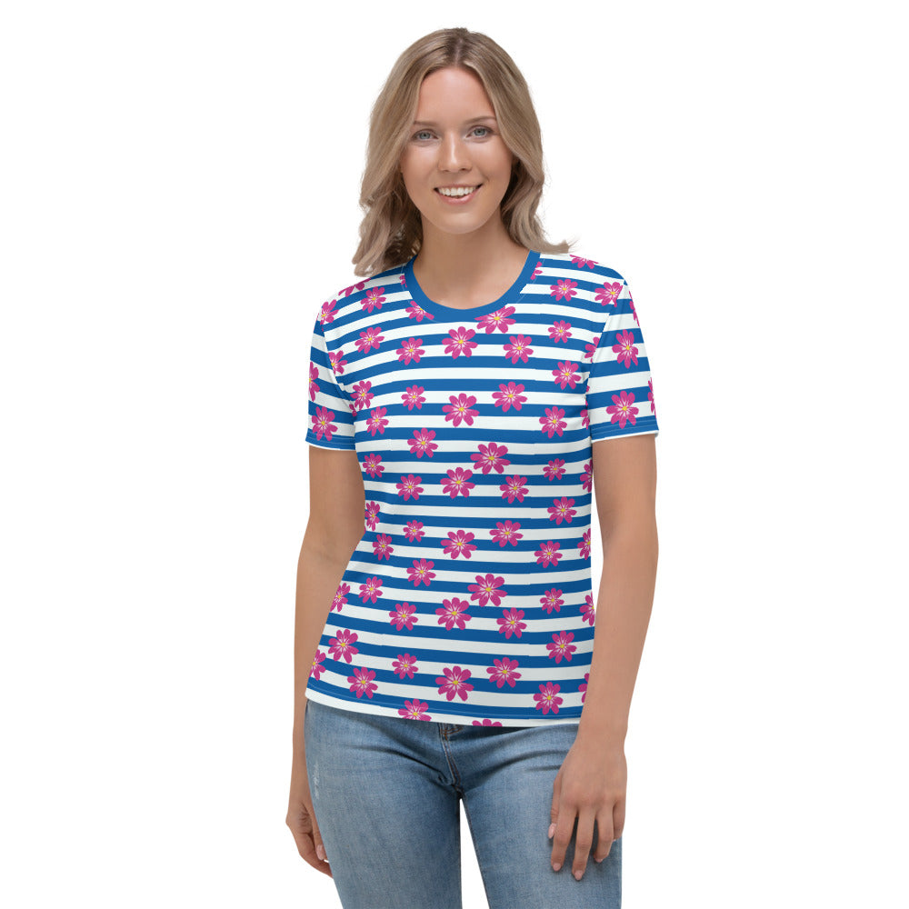 Pink Blossoms & Blue Stripes Women's T-shirt