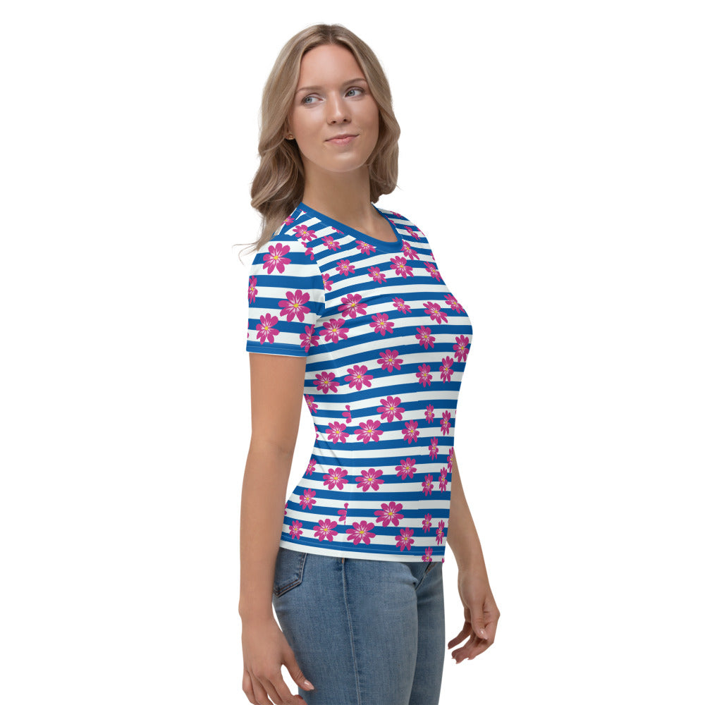 Pink Blossoms & Blue Stripes Women's T-shirt