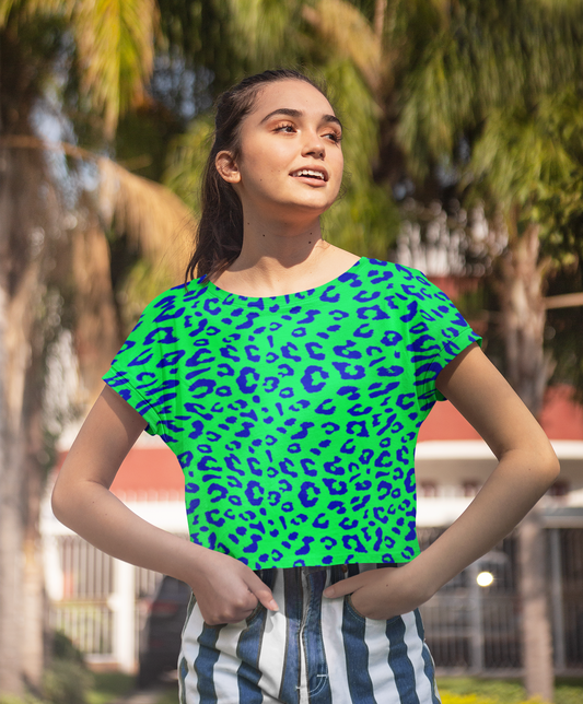 Neon Green and Blue Leopard Print Crop Tee