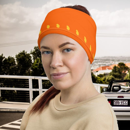 Hunter's Orange Neck Gaiter & Yellow Feather Headband