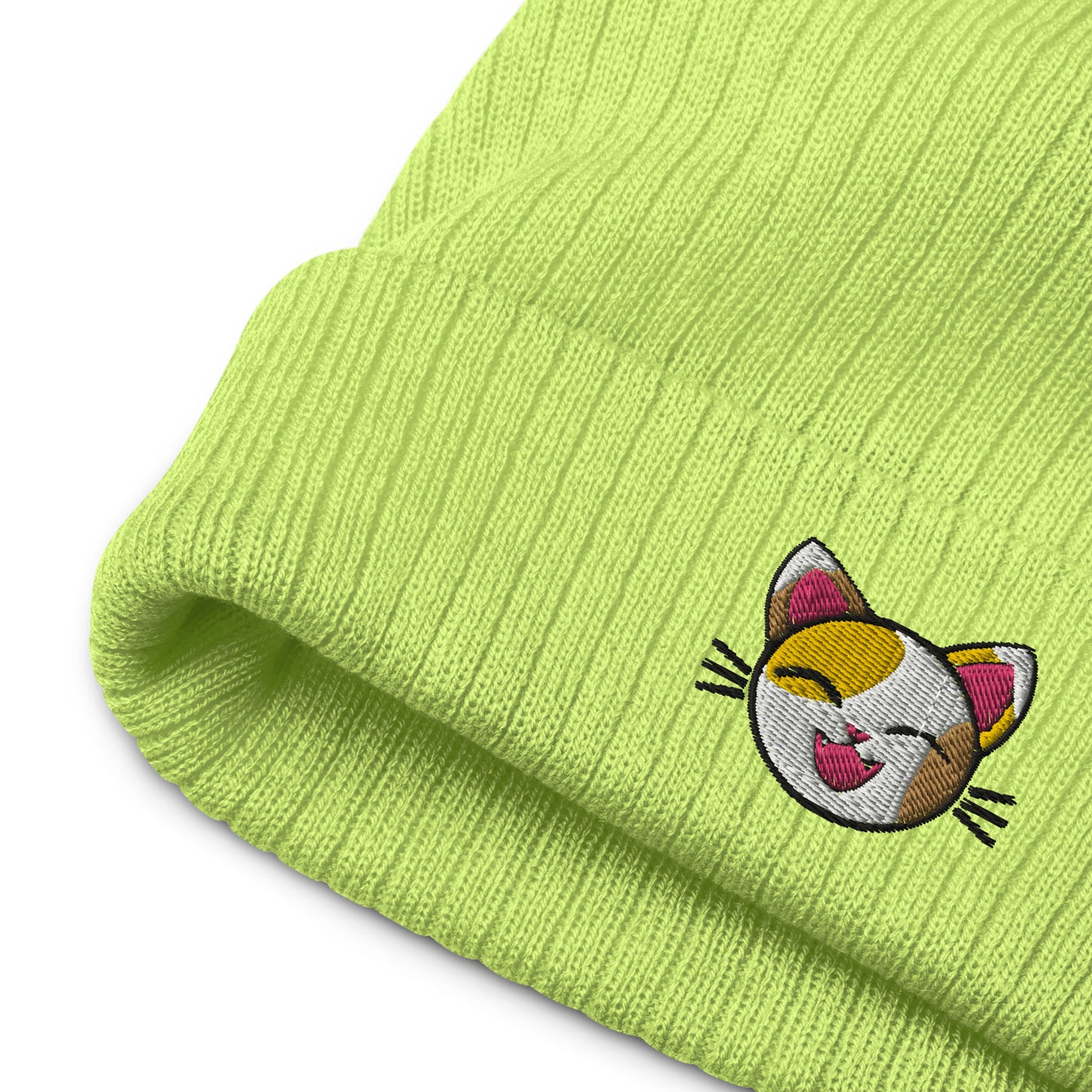 Happy Lucky Cat Ribbed Knit Beanie