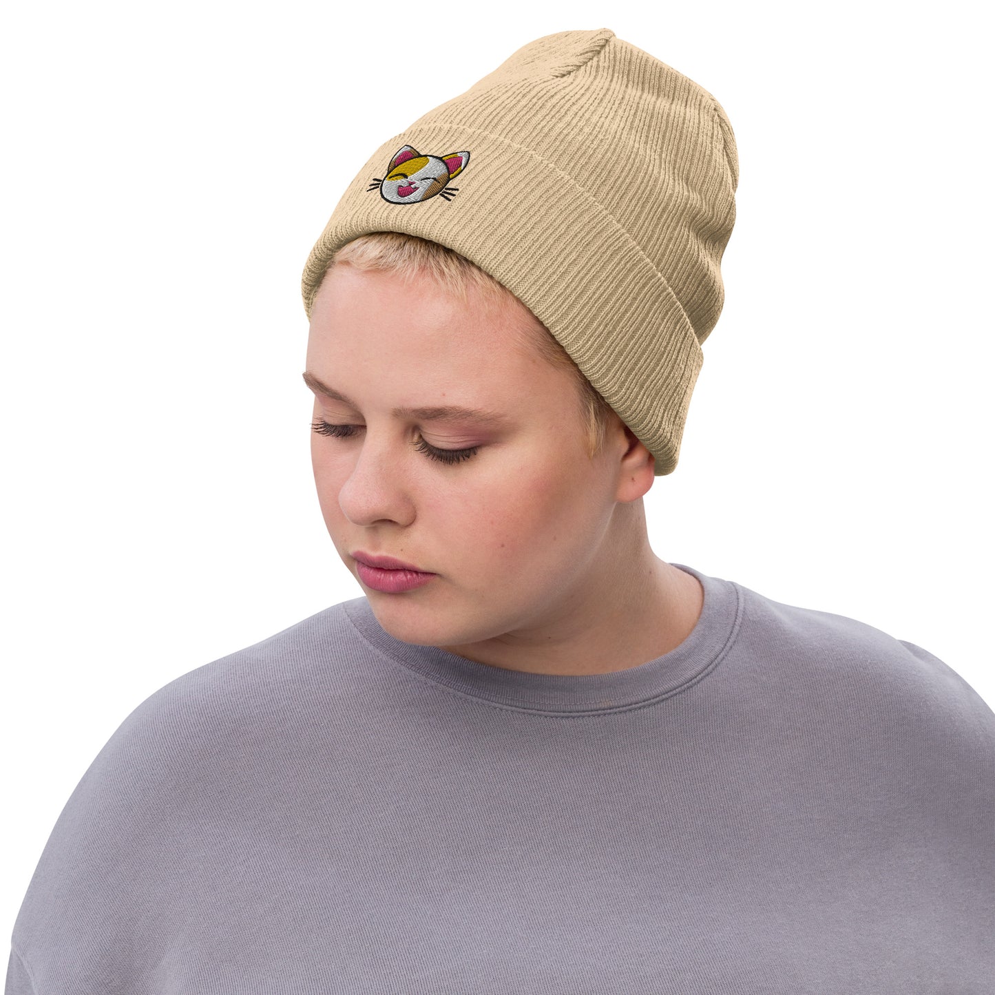 Happy Lucky Cat Ribbed Knit Beanie