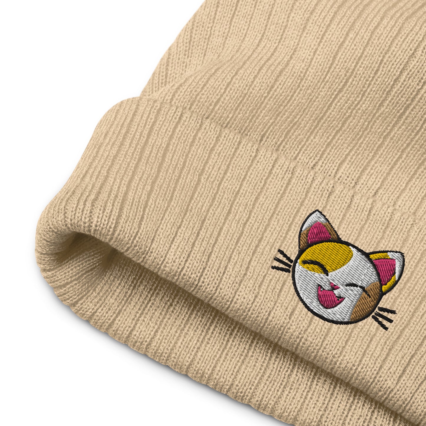 Happy Lucky Cat Ribbed Knit Beanie