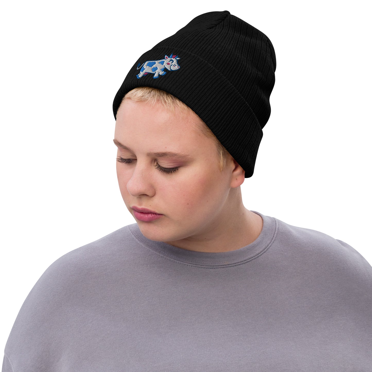 Happy Cow Embroidered Ribbed Knit Beanie