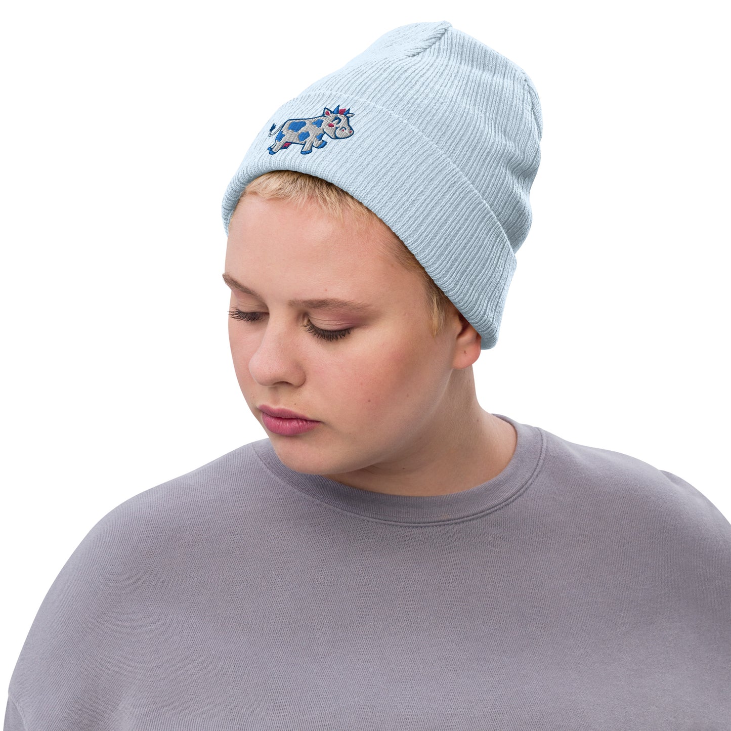 Happy Cow Embroidered Ribbed Knit Beanie