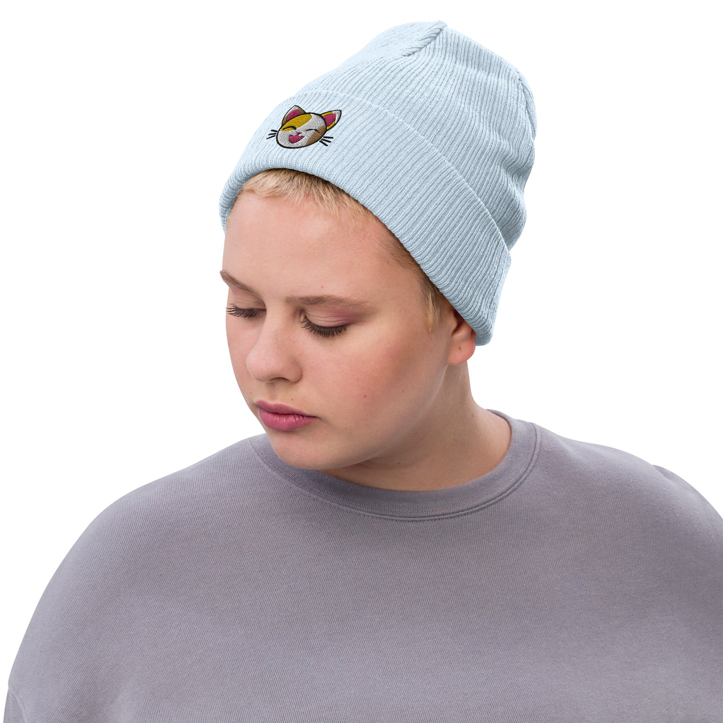 Happy Lucky Cat Ribbed Knit Beanie