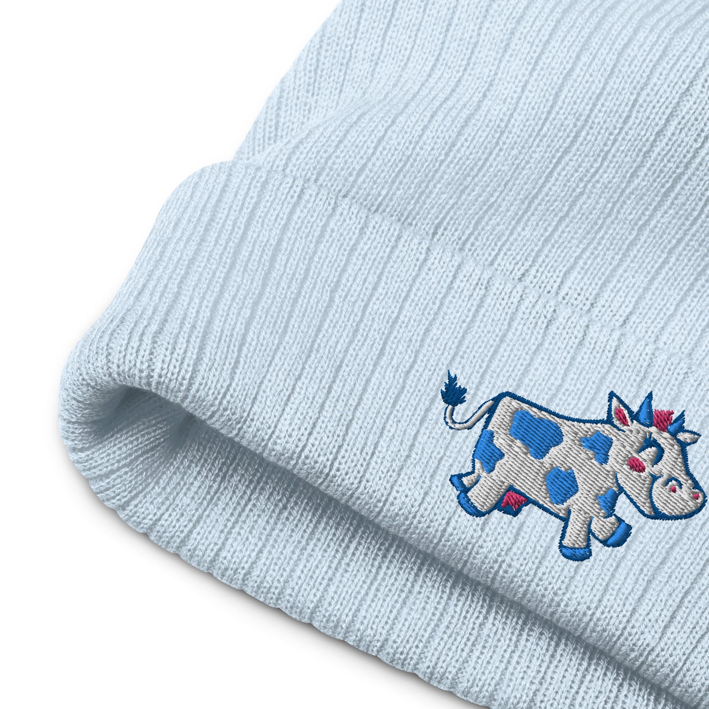 Happy Cow Embroidered Ribbed Knit Beanie