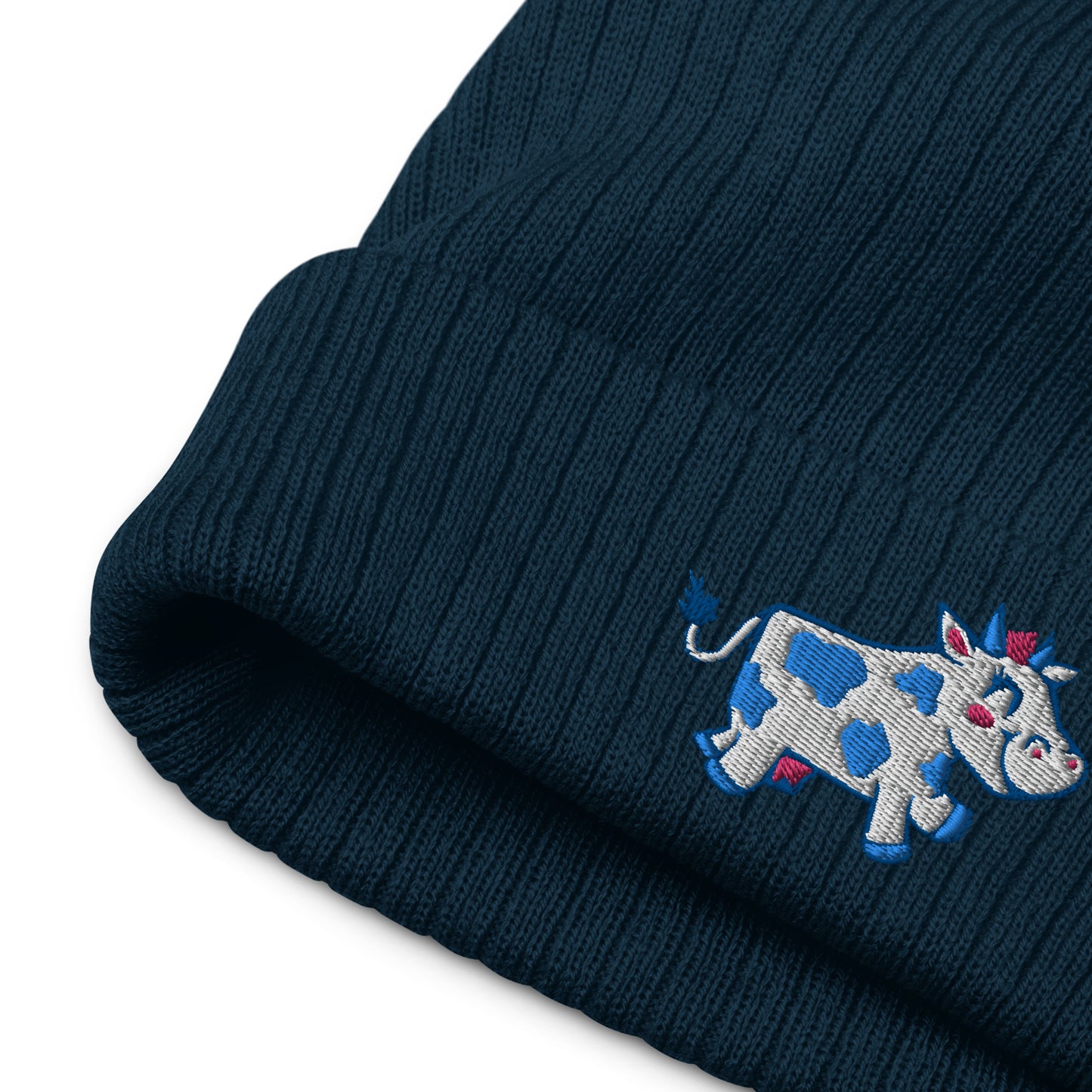 Happy Cow Embroidered Ribbed Knit Beanie