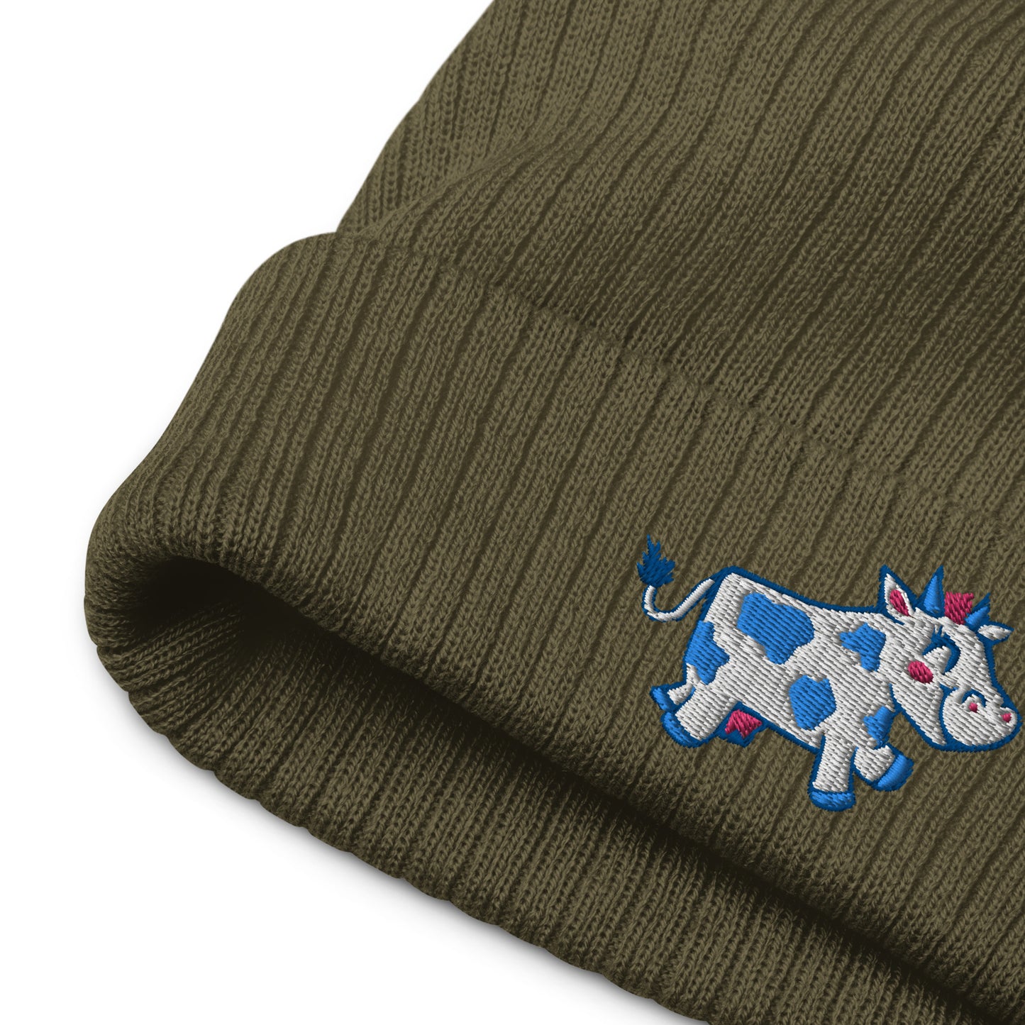 Happy Cow Embroidered Ribbed Knit Beanie