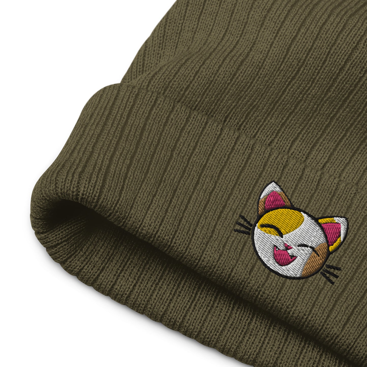 Happy Lucky Cat Ribbed Knit Beanie