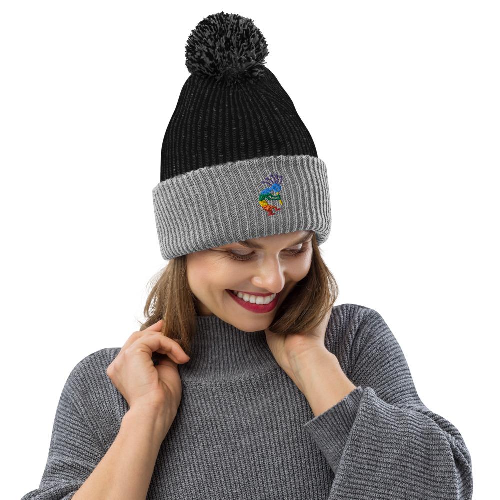 Colorful Kokopelli Embroidered Pom-Pom Beanie