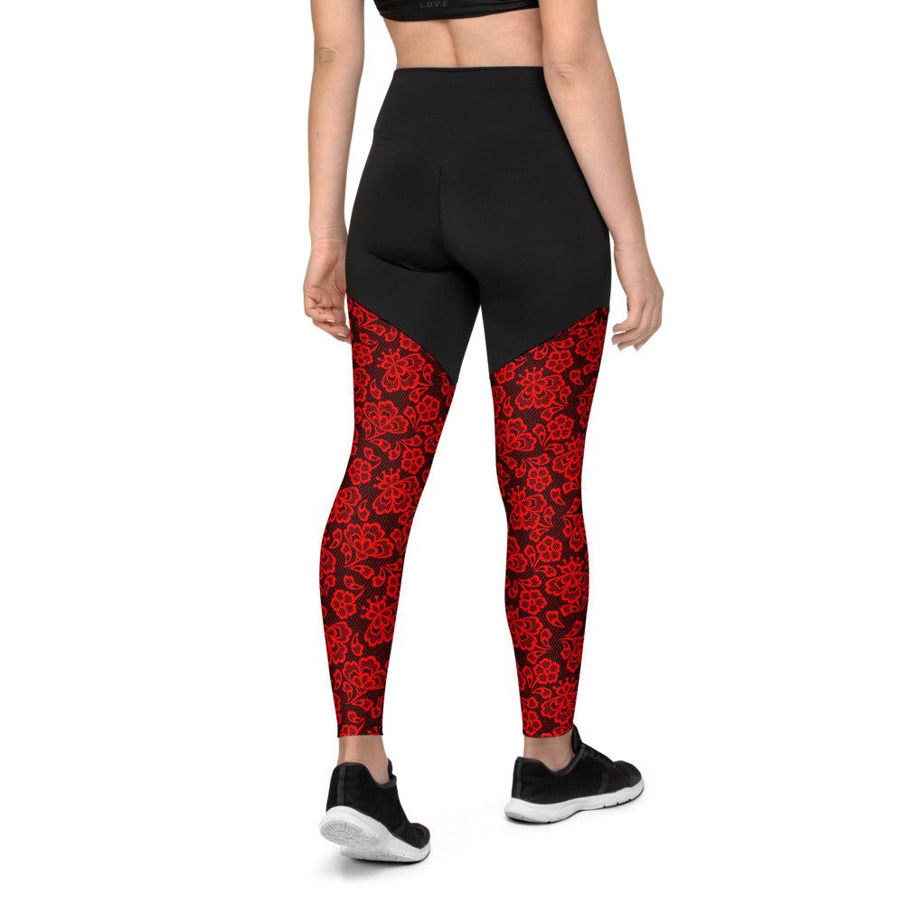 Crimson Lace Print Sports Leggings