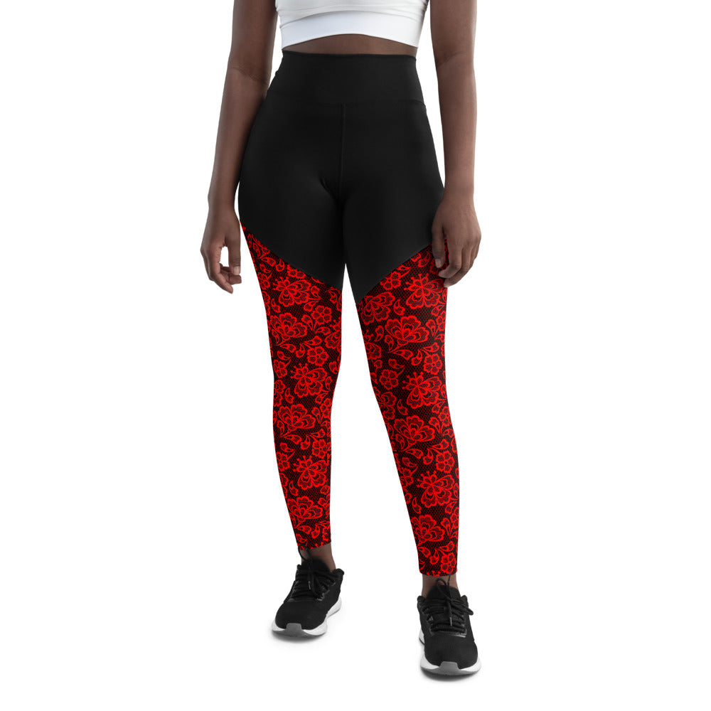 Crimson Lace Print top Sports Leggings, Red Lace Pattern Workout Leggings