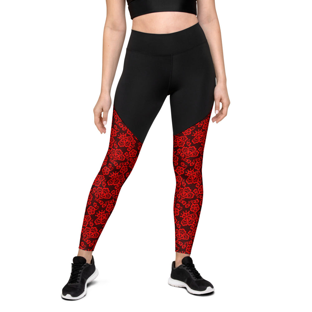 Crimson Lace Print Sports Leggings