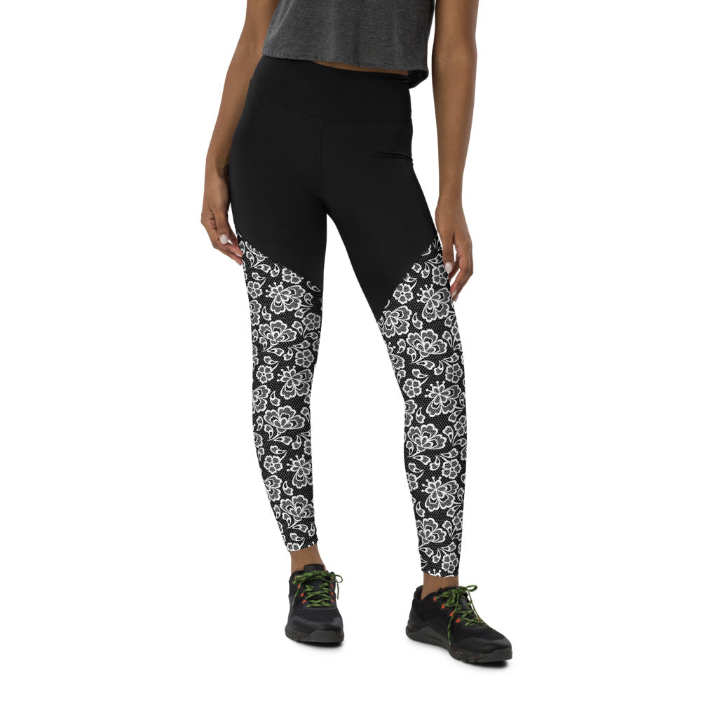 White Lace Print Sports Leggings