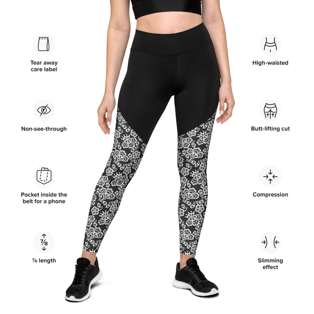 White Lace Print Sports Leggings