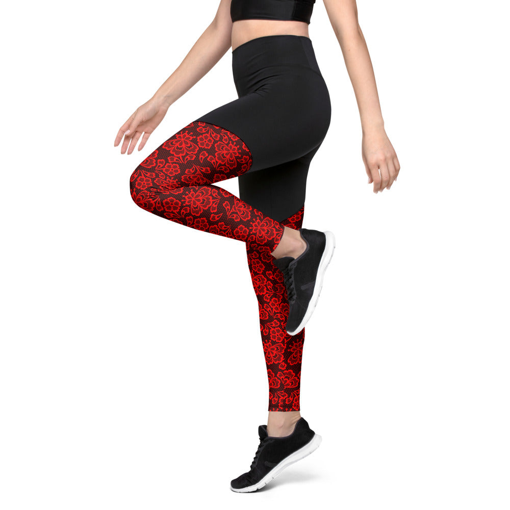 Crimson Lace Print top Sports Leggings, Red Lace Pattern Workout Leggings